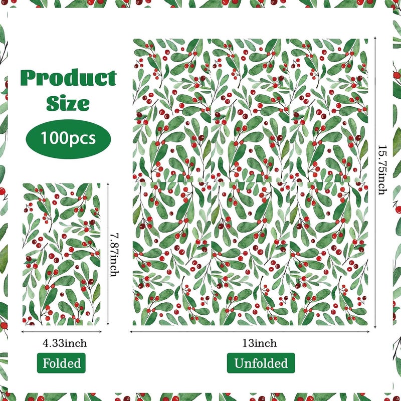 Grencian 100Pcs Christmas Paper Napkins Disposable 3 Ply Watercolor Holly Leaves Berries Napkins Christmas Dinner Napkins Disposable Hand Towels for Bathroom Home Kitchen Xmas Party Decorations - Image 3